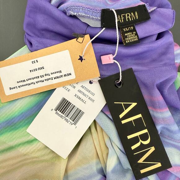 AFRM Zadie Mesh Turtleneck Long Sleeve Top XS Abstract Wave NWT AS IS - Picture 4 of 4